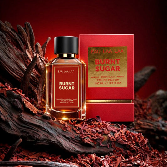 Burnt Sugar perfume bottle and packaging on a red background