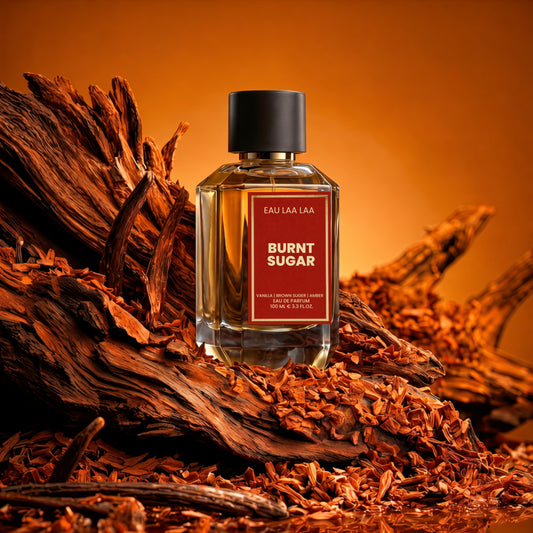 Perfume bottle labeled 'Burnt Sugar' by EAU LAA LAA on a wooden background.