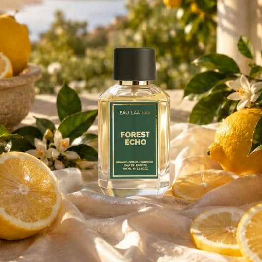 Perfume bottle labeled 'Forest Echo' surrounded by lemons and greenery