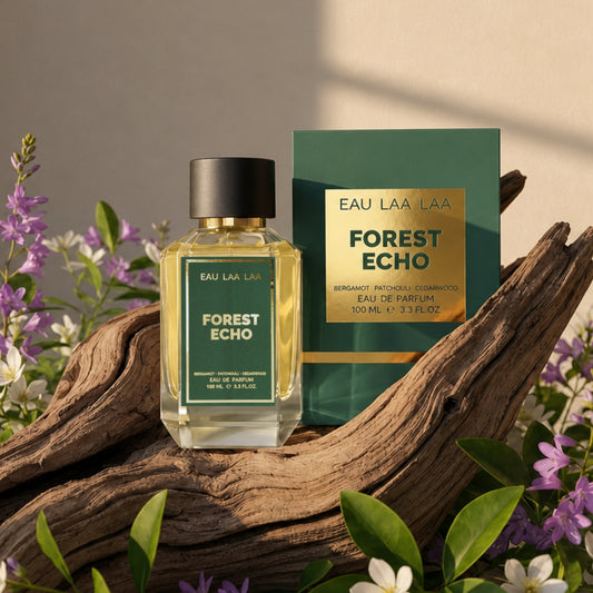 Eau Laa Laa Forest Echo perfume bottle and packaging on a wooden log with flowers.
