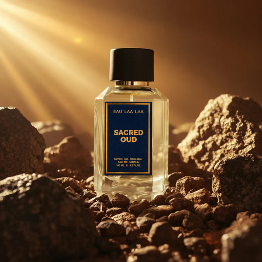 Perfume bottle labeled 'Sacred Oud' on rocks with a warm glow