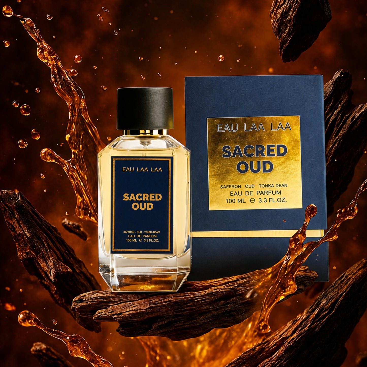 Eau Laa Laa Sacred Oud perfume bottle and packaging on a dark background with water splashes.