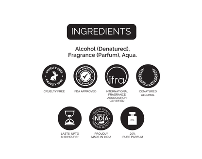 List of ingredients and certification logos on a white background